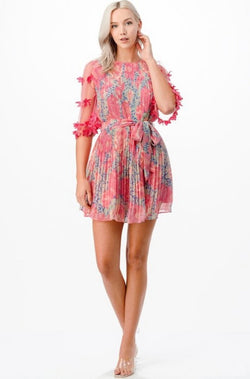 barbie pink dress, pink pleated dress, party dress, garden party dress, pink dress, long sleeve short dress