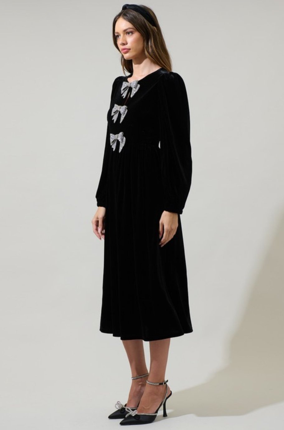 Black velvet midi dress, back view