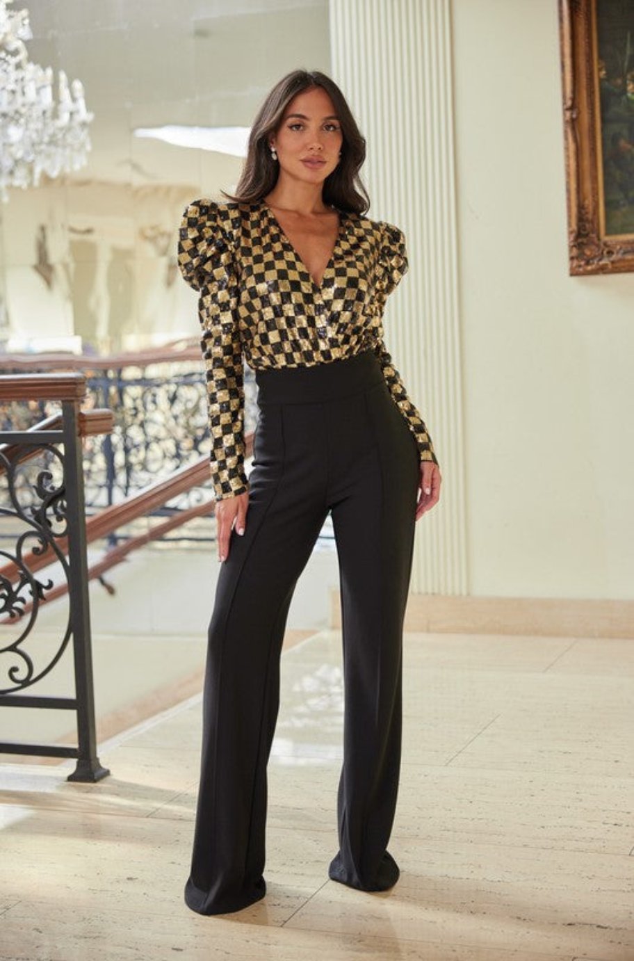 Alexandra checker sequin bodysuit styled with trousers