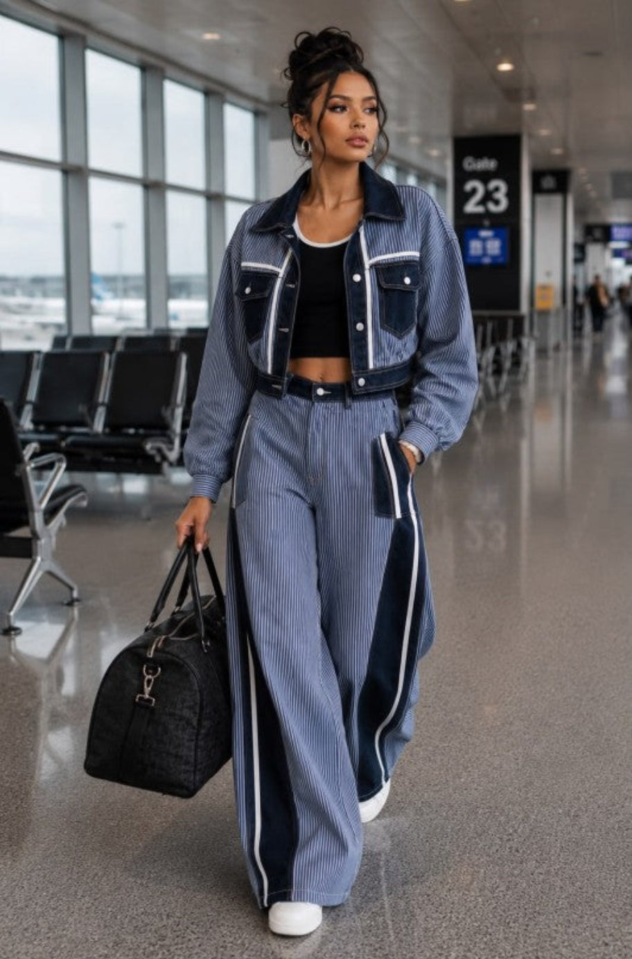 Blue striped cropped denim jacket with wide-leg trousers