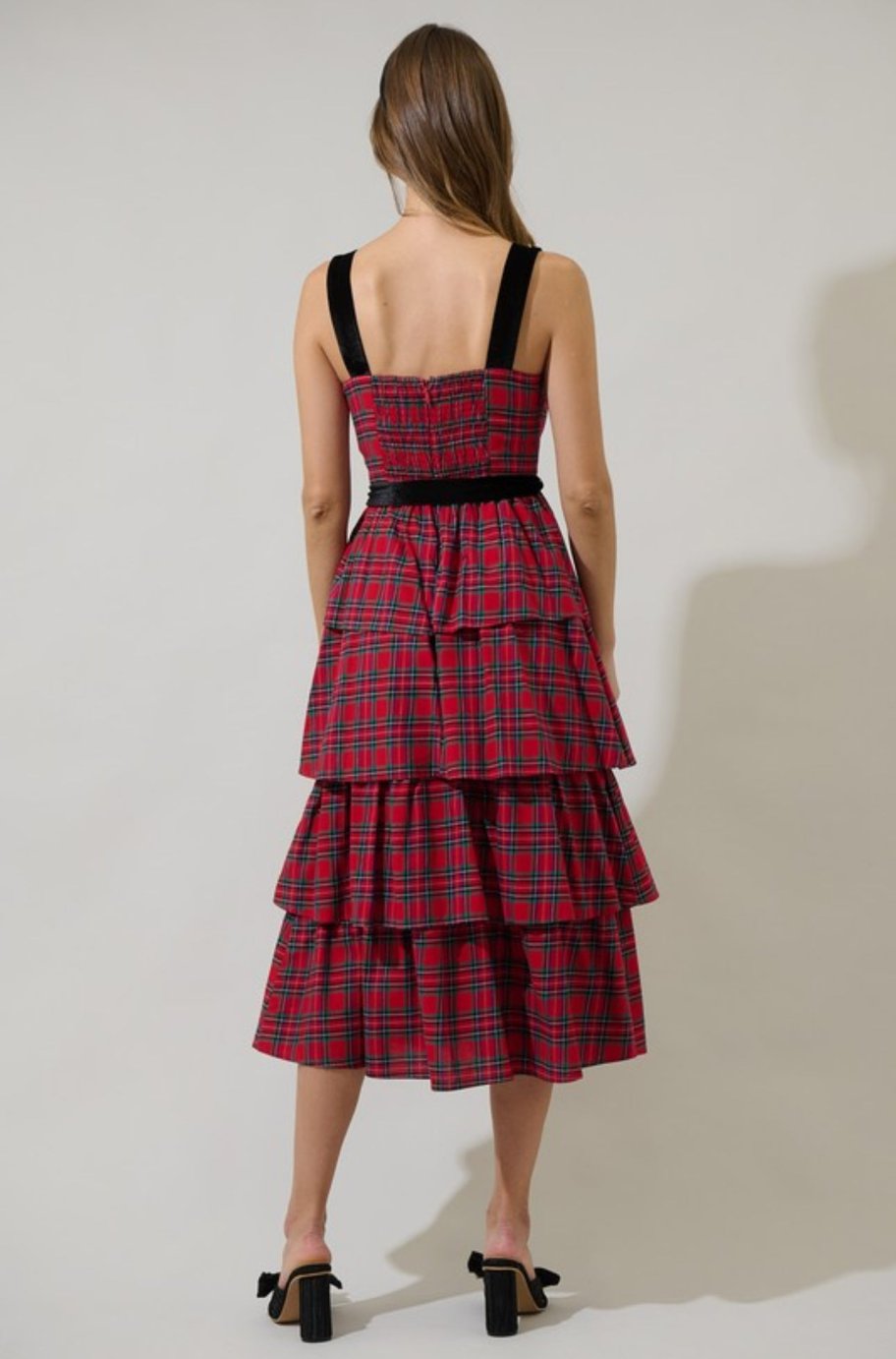 Nora plaid tiered midi dress, side view
