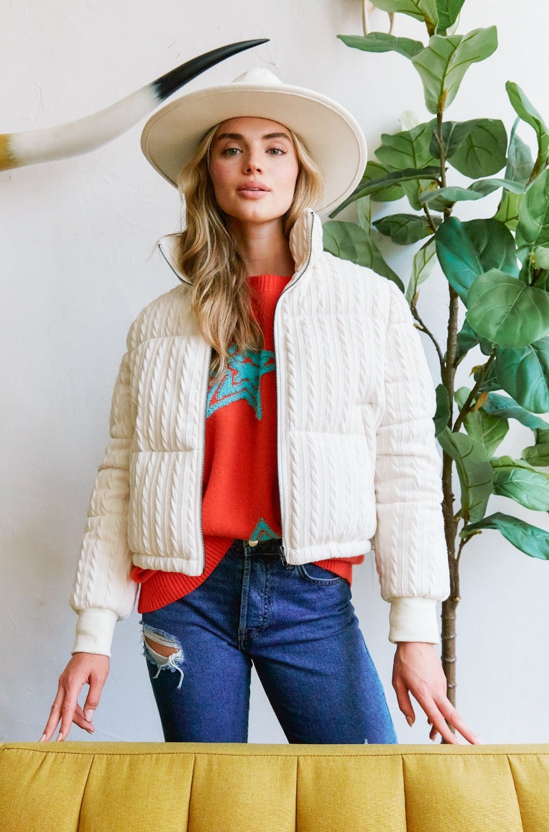 Ivory Cable Knit Puffer Jacket