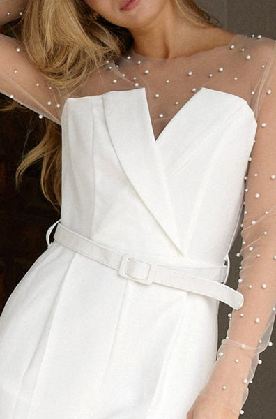 Michelle White Mesh Pearl Jumpsuit - SAM D'MONES