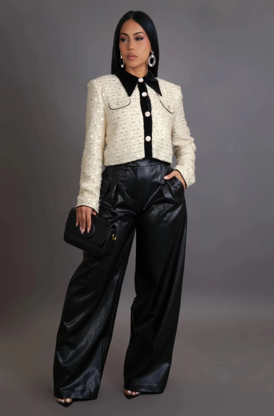Beige sequin jacket with black vegan leather pants, two piece set