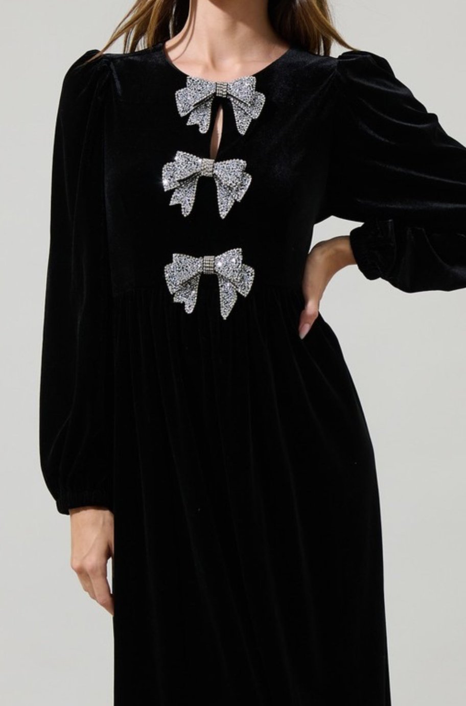 Black velvet midi dress, detail view