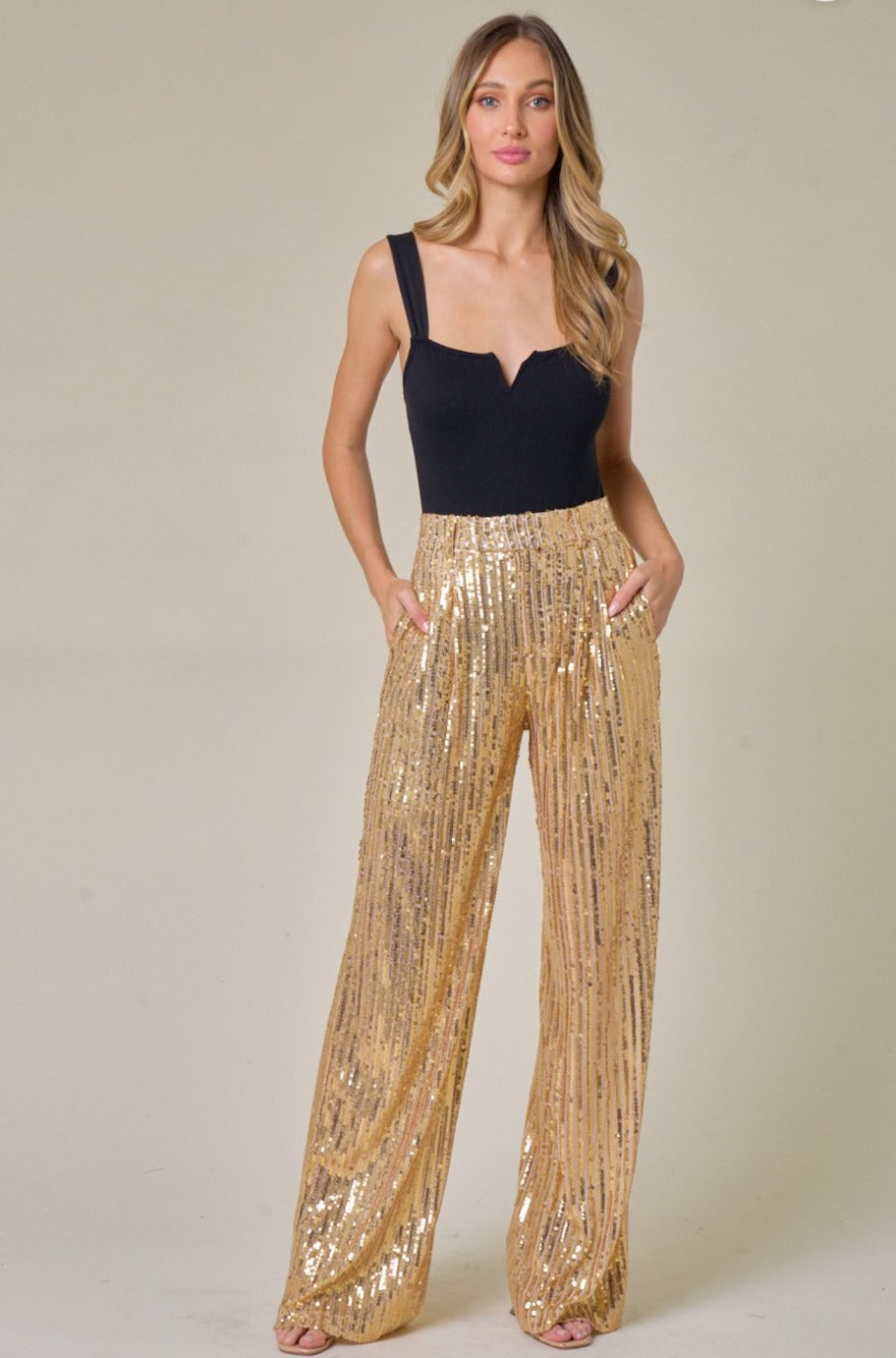 Gold sequin wide leg trousers