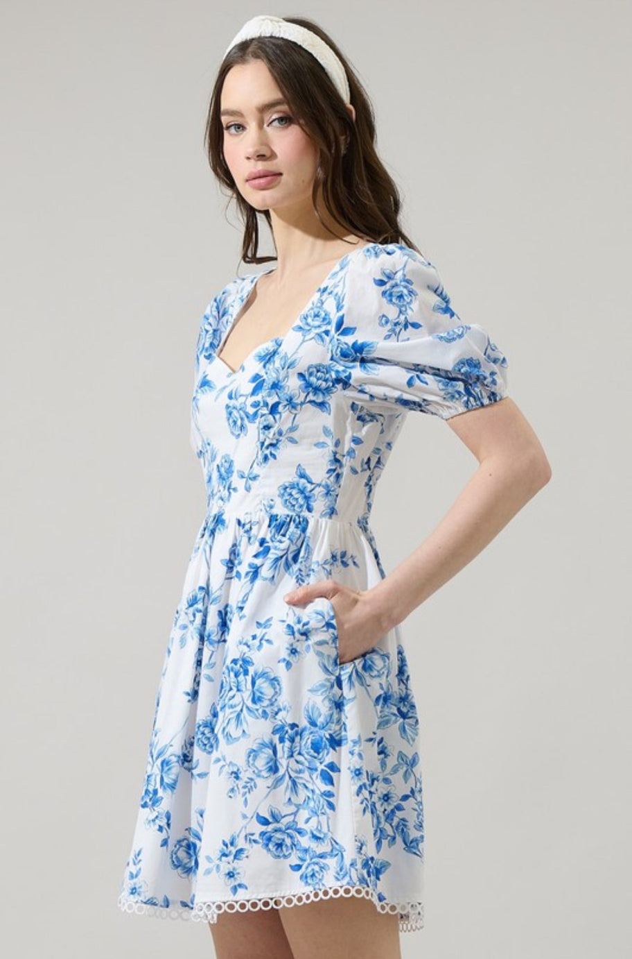 Close-up of the blue and white floral print on the Thea dress