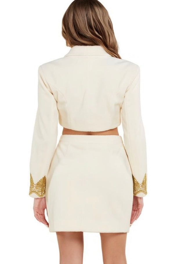 White with Gold Blazer and Skirt Set