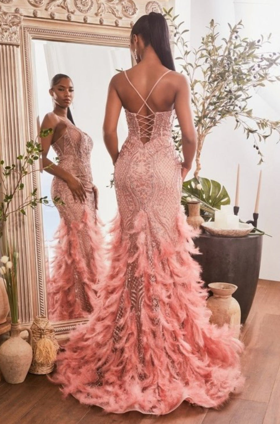 Rose feathered gown, alternate view