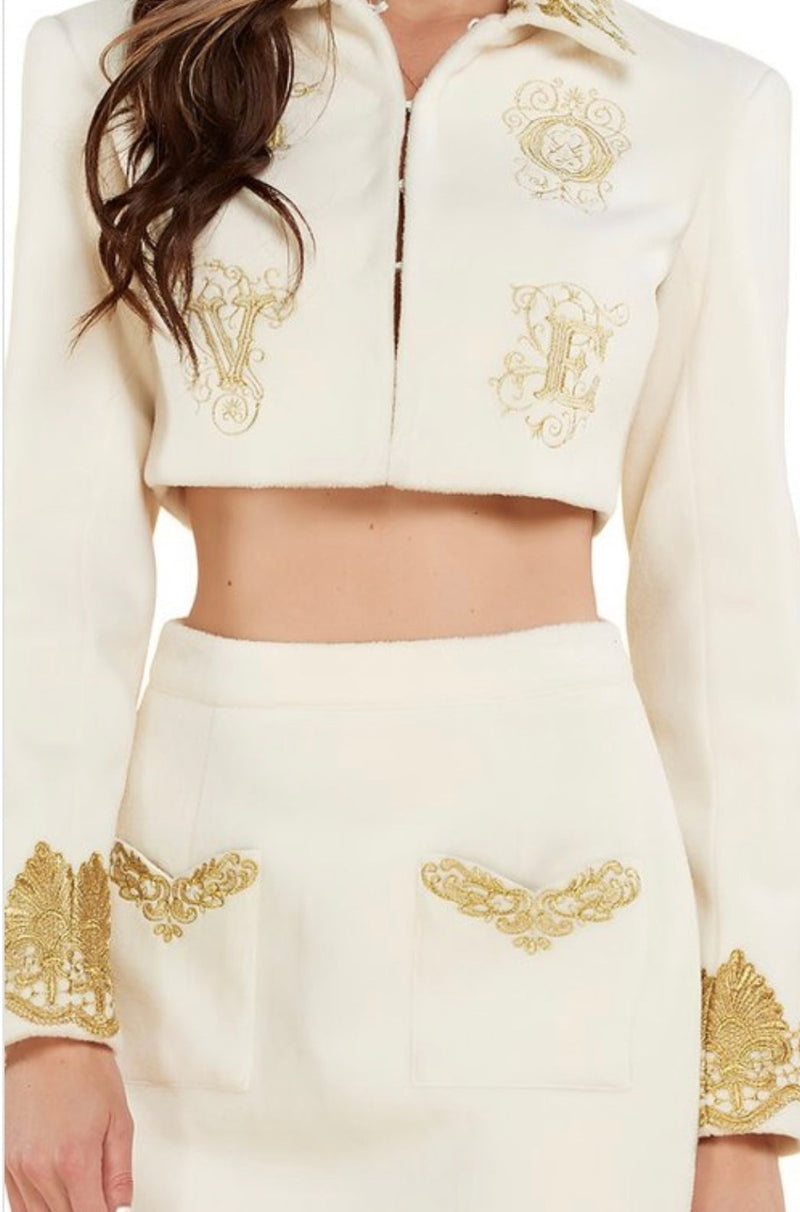 White with Gold Blazer and Skirt Set