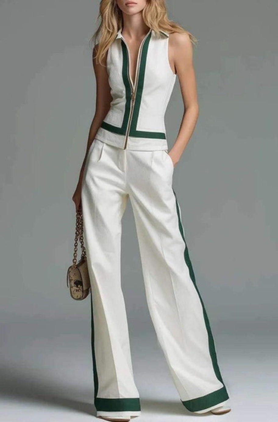 Riviera Society jumpsuit, side view showing the wide-leg silhouette