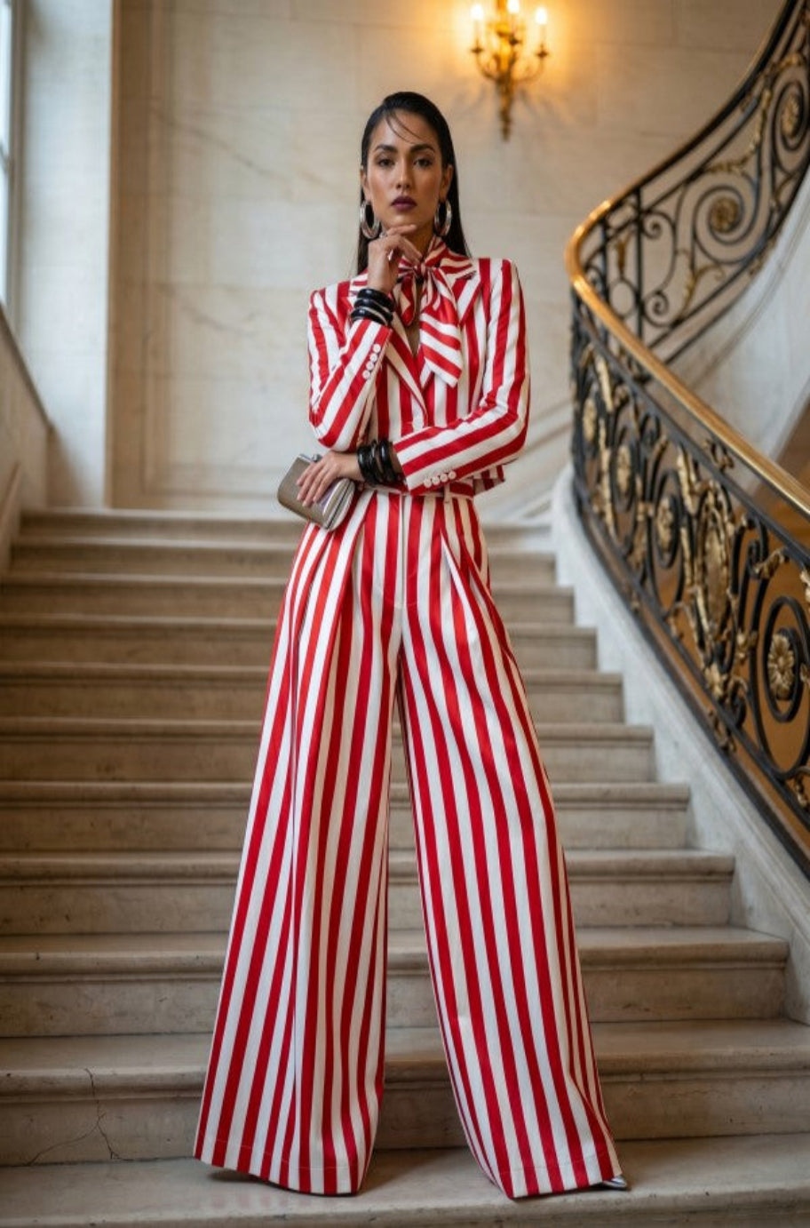 La Dolce Drama suit styled with the silky neck scarf