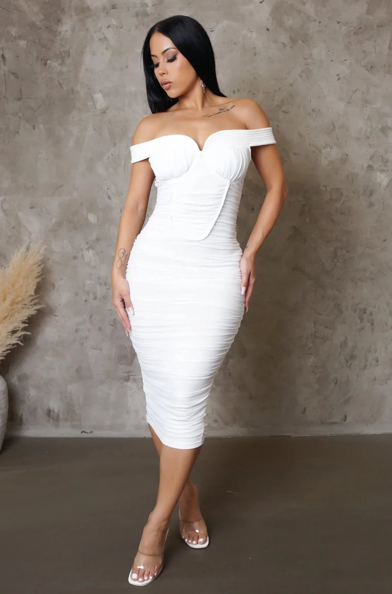 white off the shoulder dress, white ruched dress, white midi dress, white party dress, party dress