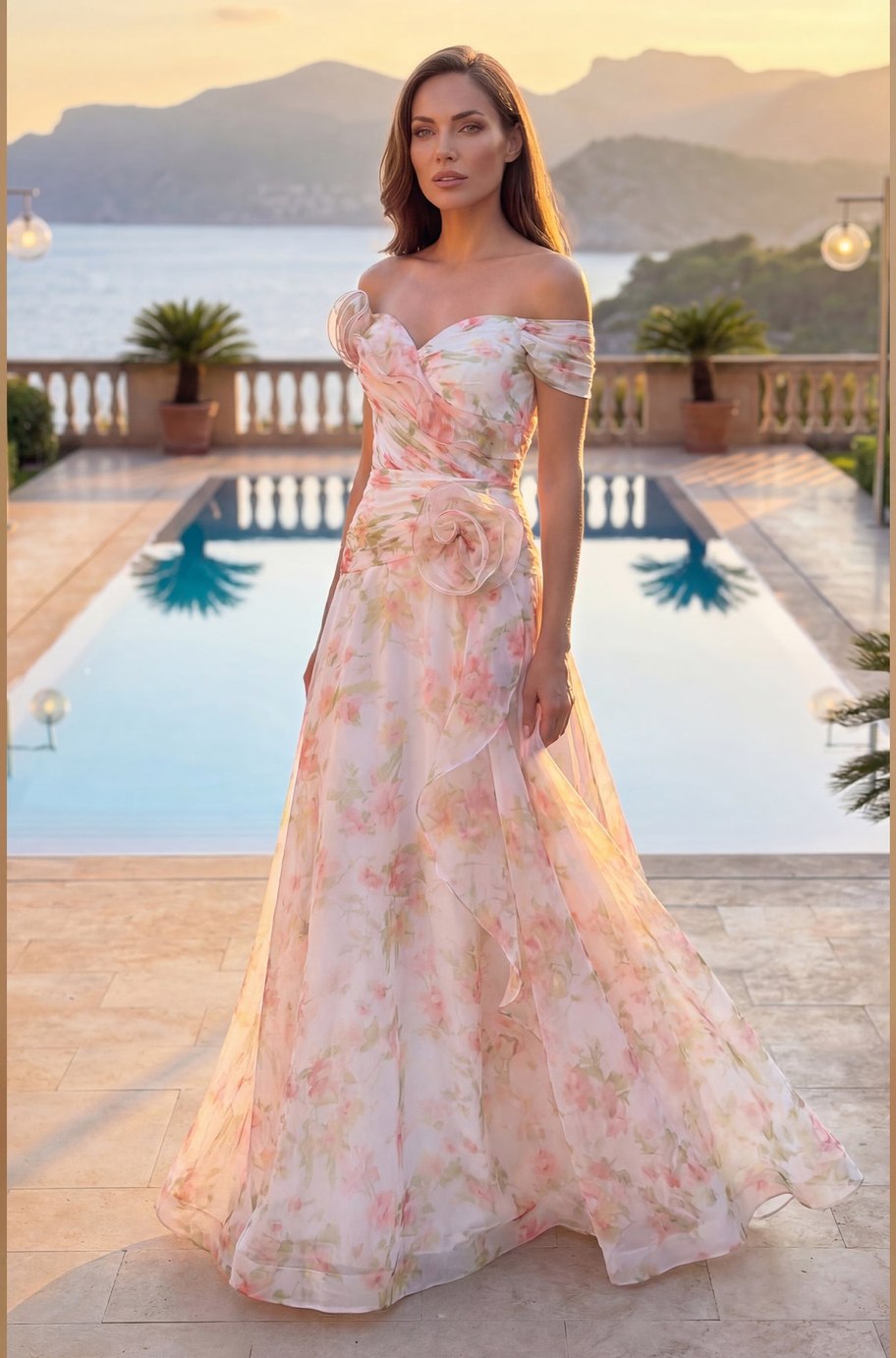 The Rosalia Gown — light pink floral off-the-shoulder gown with rosette waist and flowing ruffled skirt, full-length front view at sunset