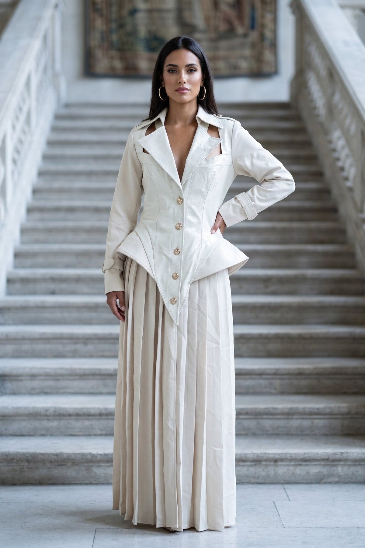 The Scala Corset Coat in cream, buttoned as a dress, with a croc-textured corset bodice, gold buttons and a floor-length pleated skirt, front view