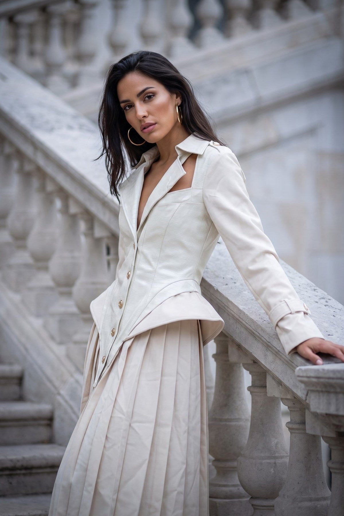 Side view of the Scala Corset Coat showing the cut-out lapels, sculpted hip panel and knife pleats