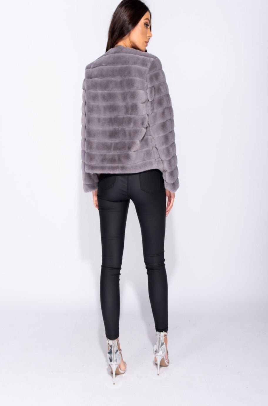 Grey faux fur jacket, back view