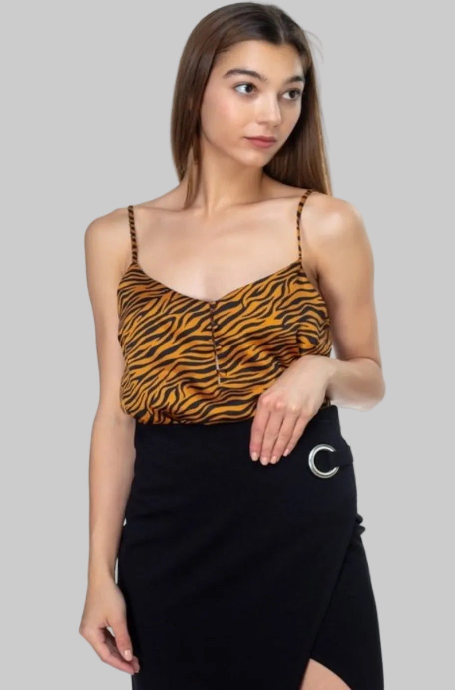 Cognac and black animal print sleeveless top