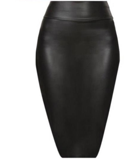 Black faux leather pencil skirt, full length