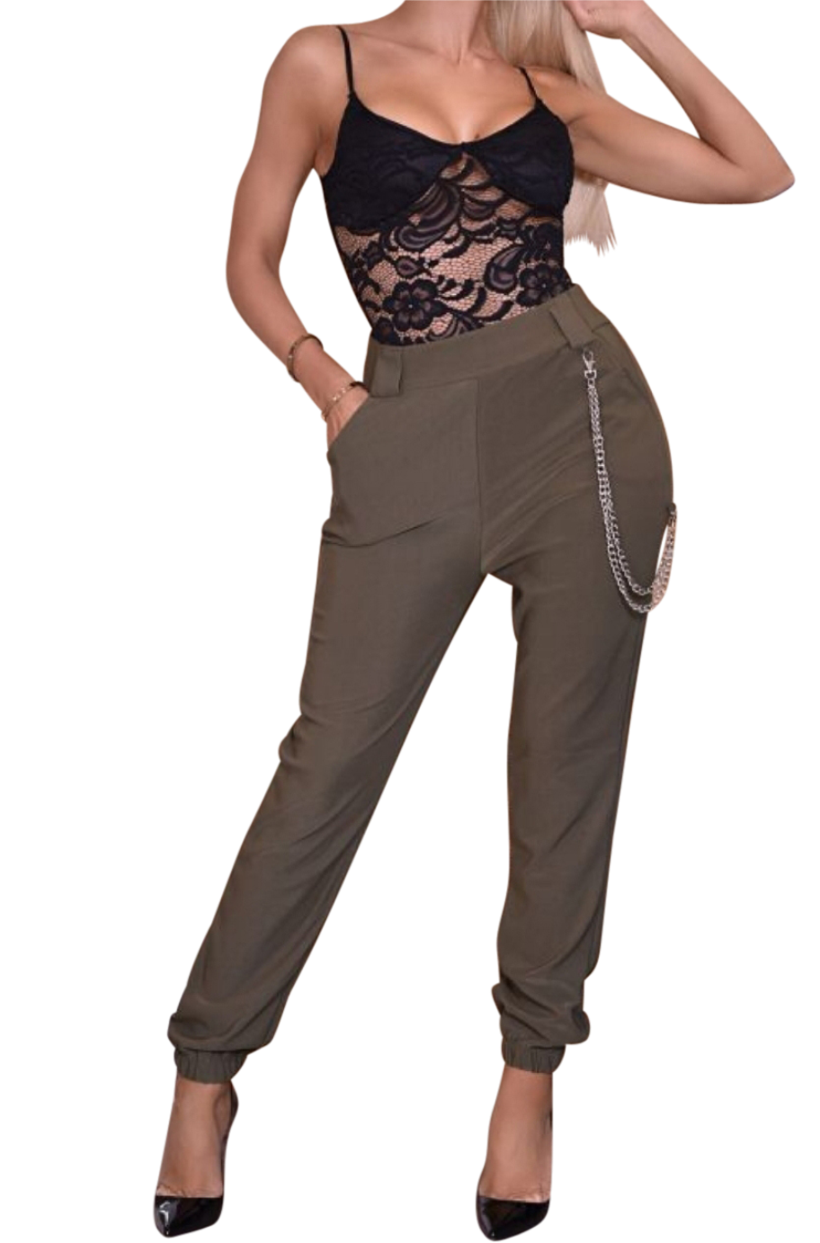 Olive fitted cargo trousers with chain detail