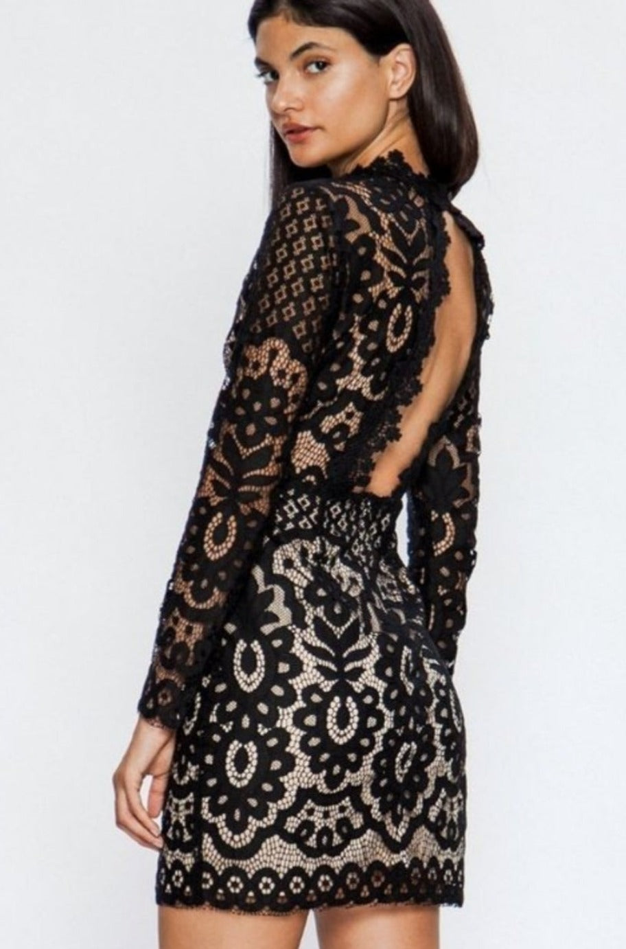 Black lace dress over nude lining