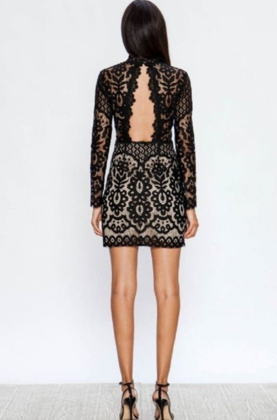 Black lace dress, back view