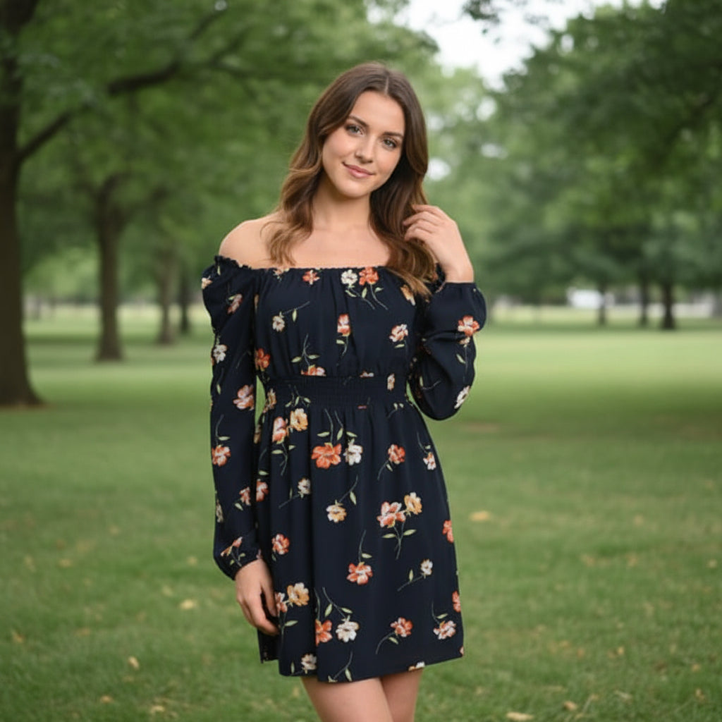 Black floral off-the-shoulder dress