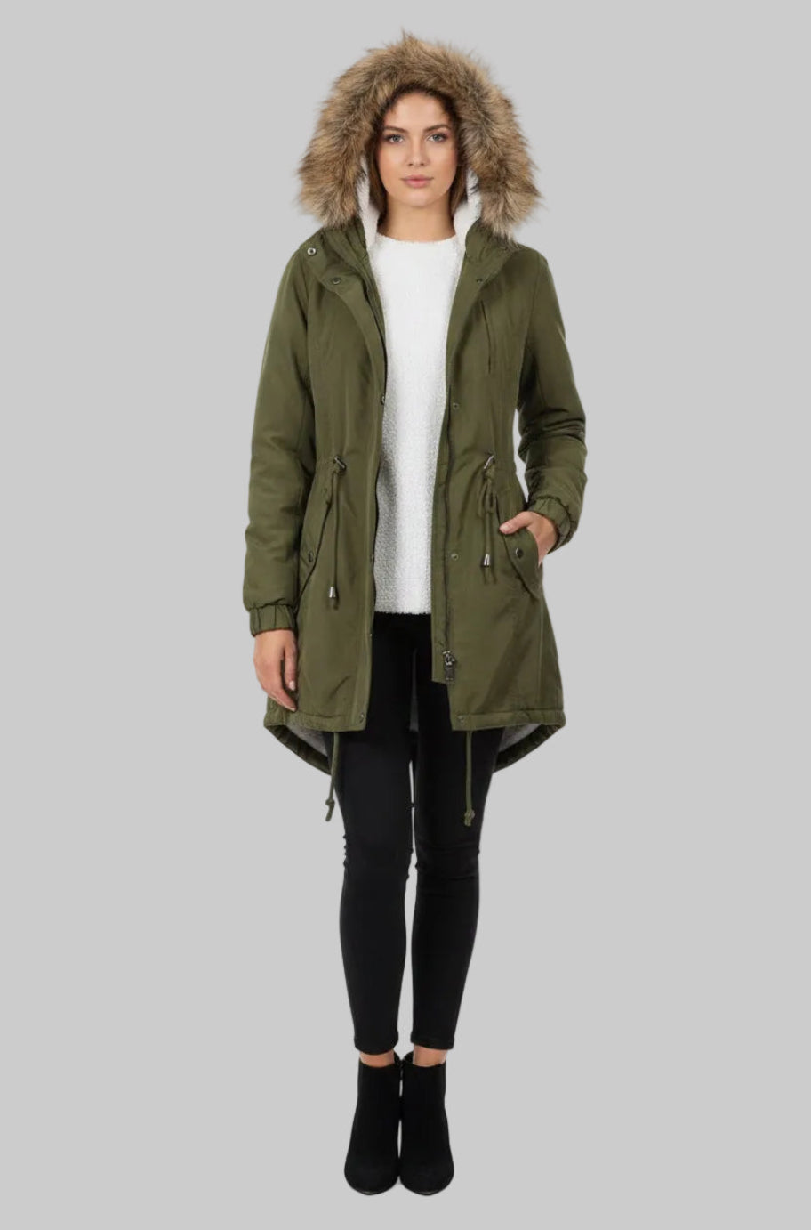 Olive coat with detachable fur-trimmed hood