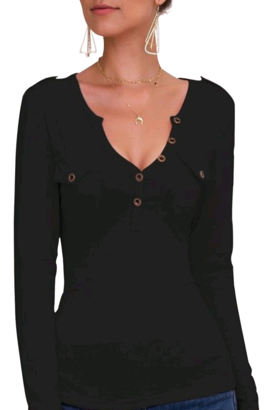 Black button-up top, alternate view