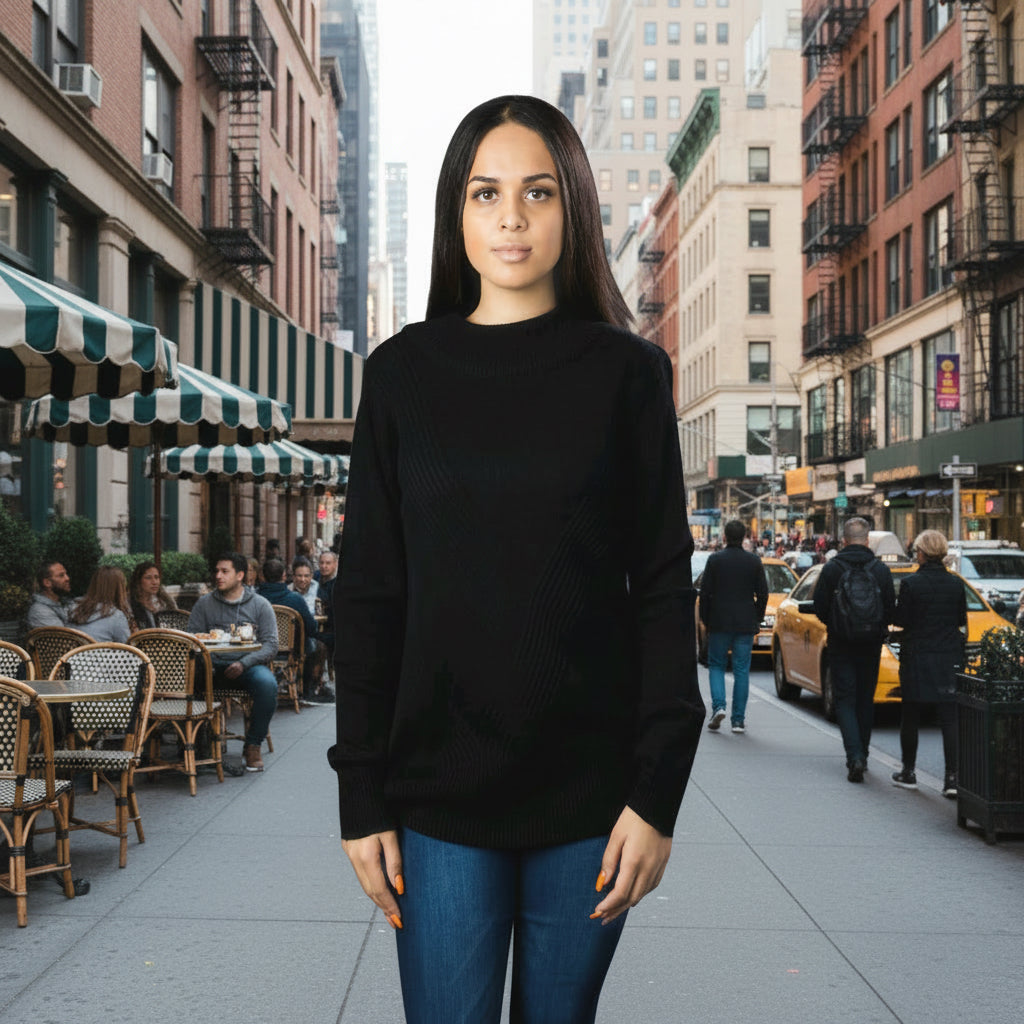 Black open-back V-neck sweater, back view