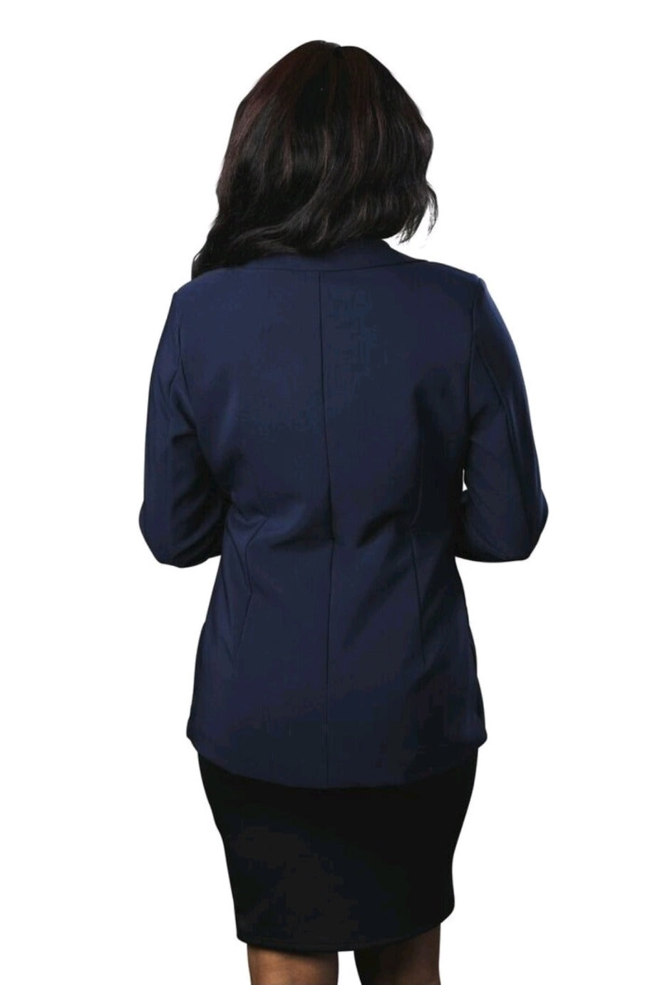 Navy fitted blazer, back view