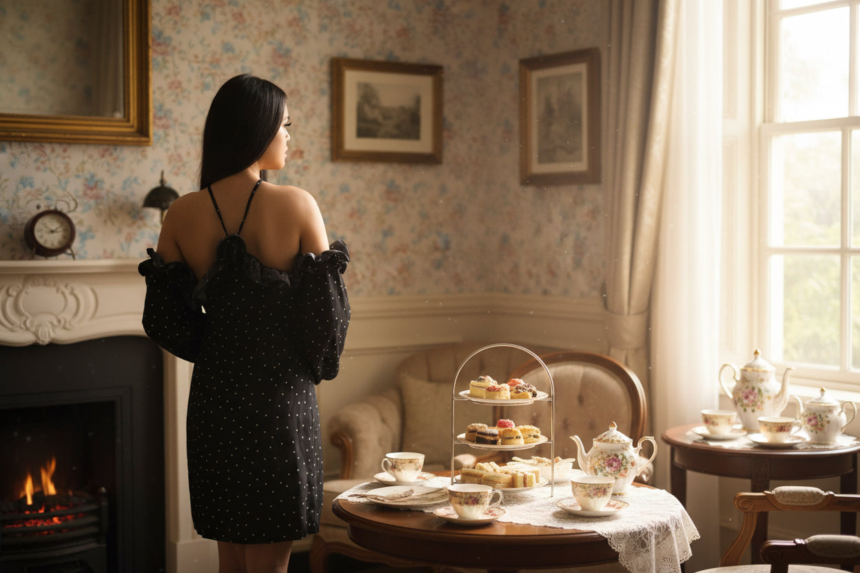 Black and white polka dot dress, alternate view