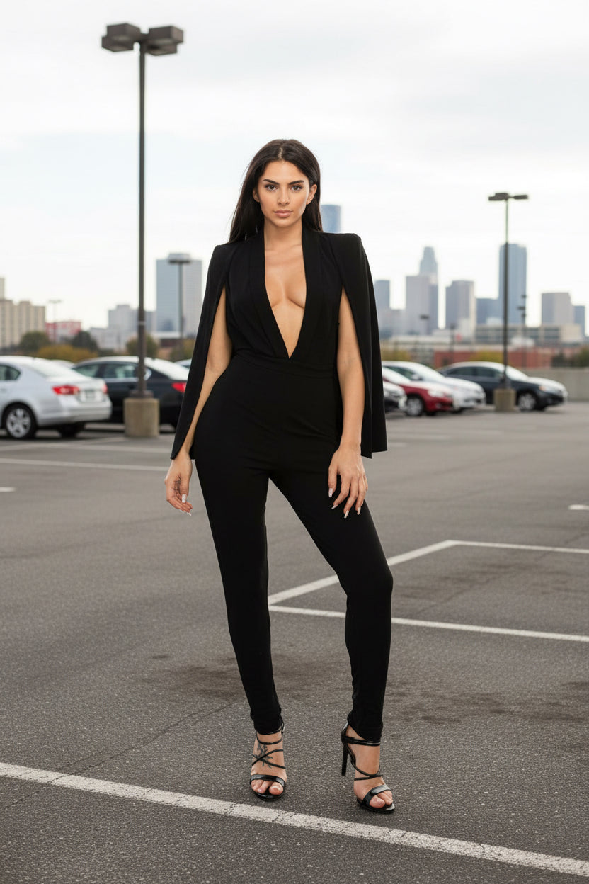 Black jumpsuit with cape sleeves