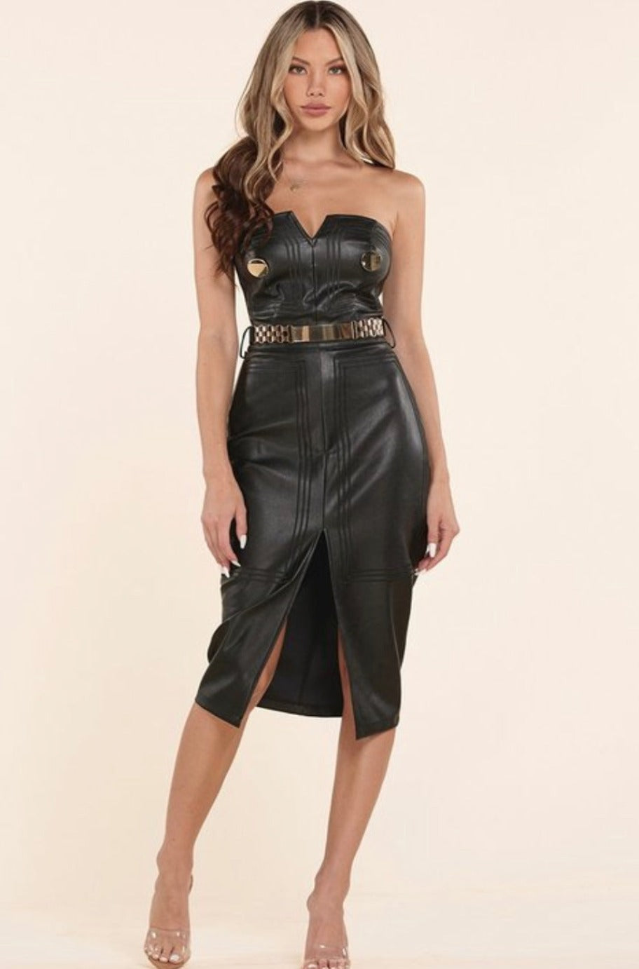 Vegan leather midi dress, back view