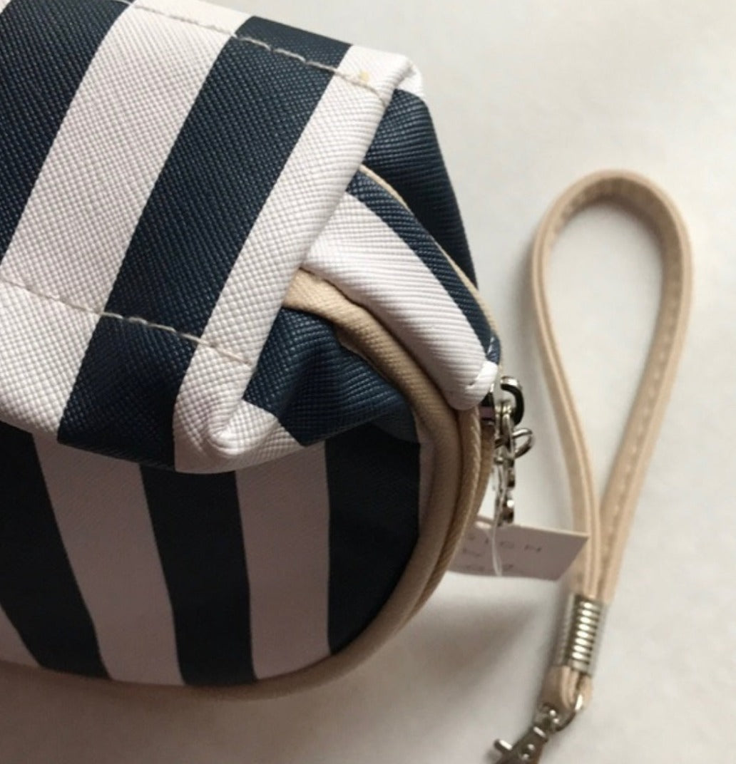 Navy and white striped cosmetic bag, interior view