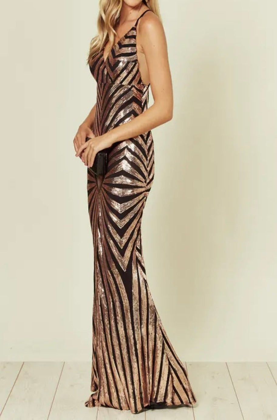 Black and gold sequin gown, detail view
