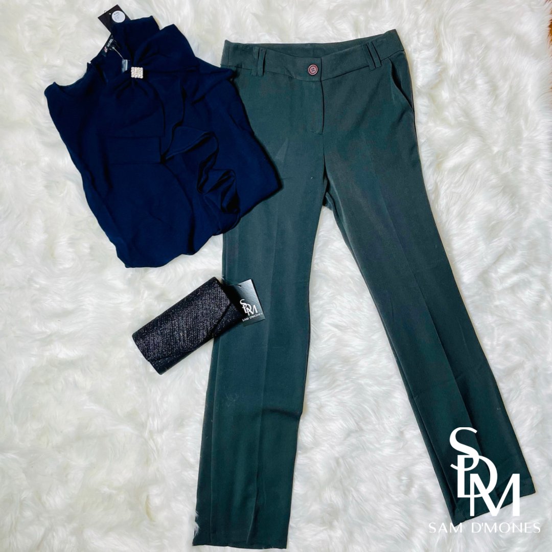 Dark grey trousers styled as a full outfit