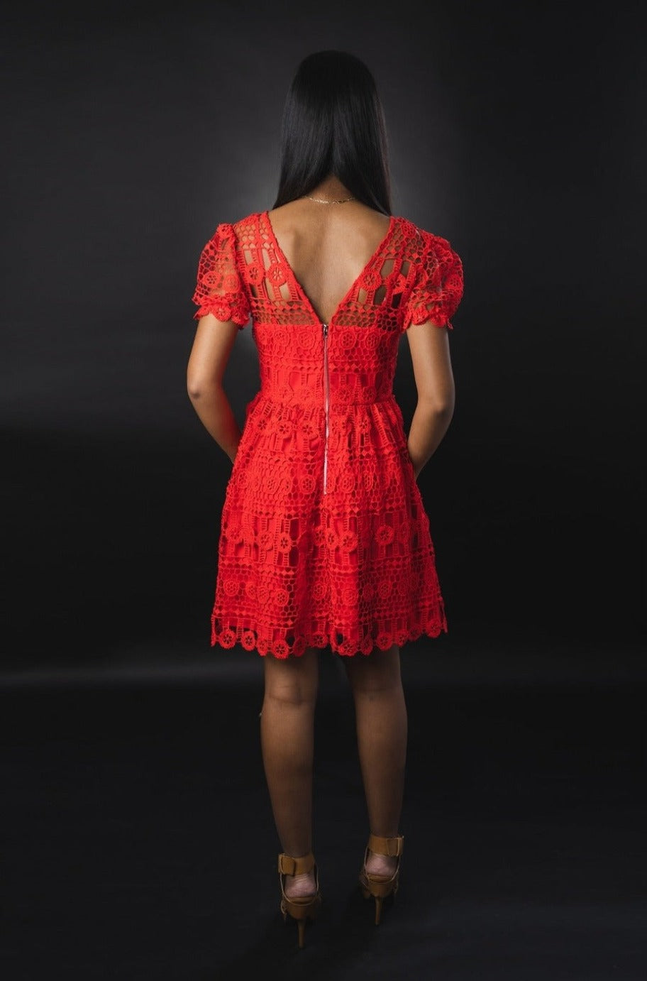 Red lace cocktail dress, alternate view