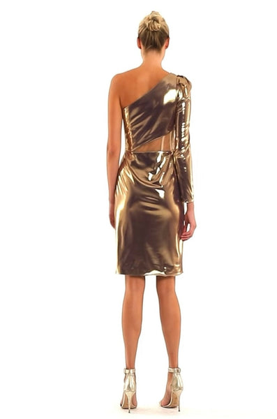 white christmas dresses Mac Duggal Pleated Metallic One Shoulder High Low Gown main image 0
