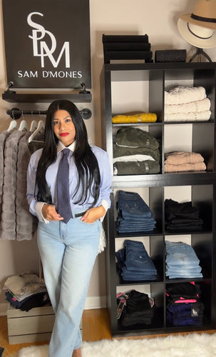 Vivian Abreu, stylist, wearing an updated modern outfit