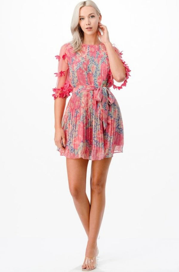 barbie pink dress, pink pleated dress, party dress, garden party dress, pink dress, long sleeve short dress