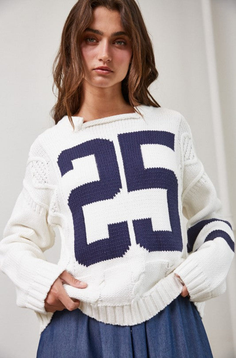 Varsity off white sweater, white knit number sweater