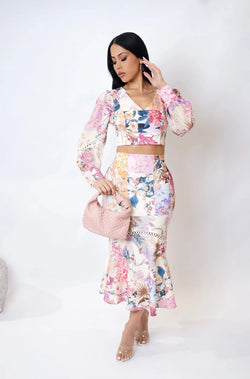 Pink floral skirt set, pink floral set, floral dress, floral skirt set, garden party wear