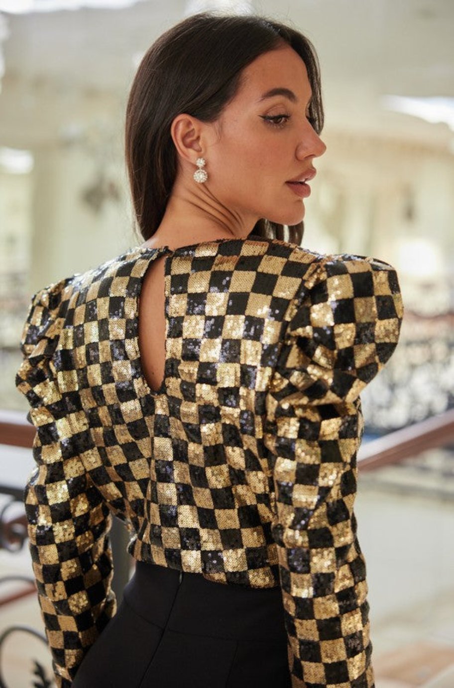 Alexandra checker sequin bodysuit, side view