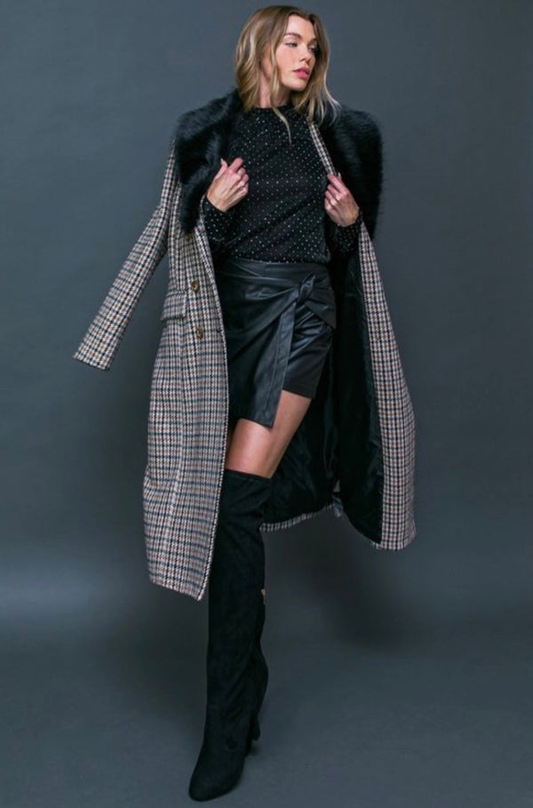 long coat, long checkered coat, long black and brown checkered coat, fur long coat, 