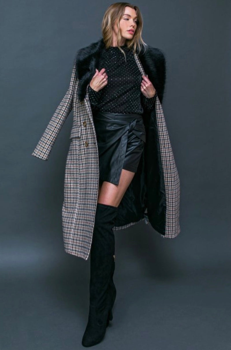 long coat, long checkered coat, long black and brown checkered coat, fur long coat, 