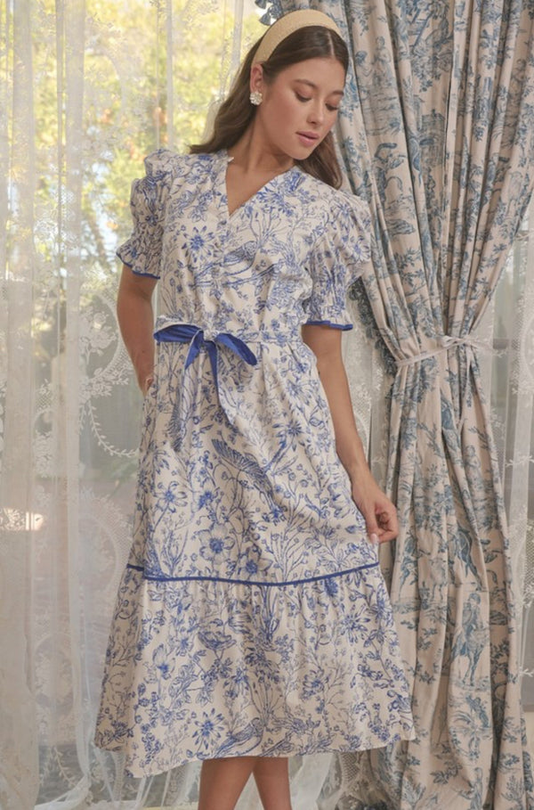 blue and white midi dress, sorority rush dress, wedding guest dress, resort dresses, party dress