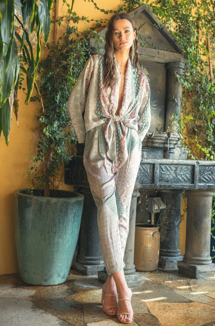 Sage multi-colour floral satin jumpsuit