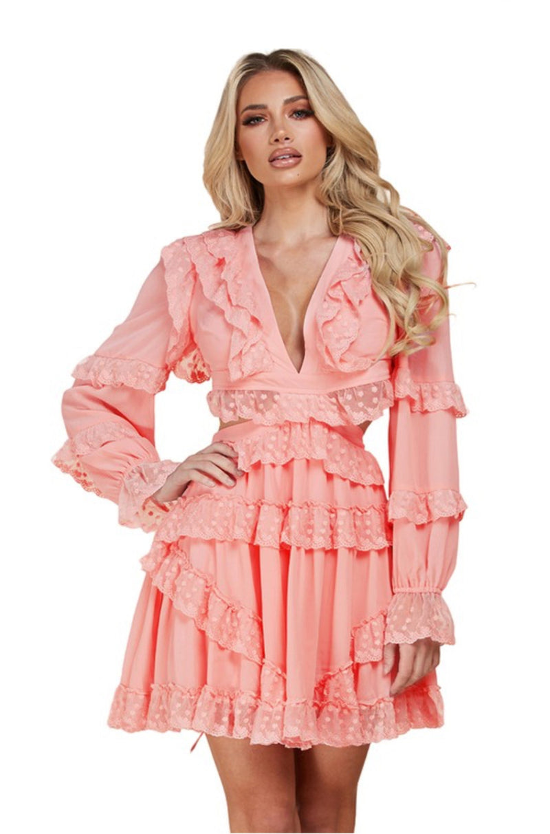 Blush ruffle mini dress, pink ruffle dress, resort dresses, pink resort dress, pink wedding guest dress