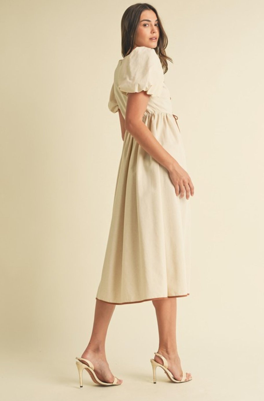 Casani bow tie midi dress, side view showing contrast binding